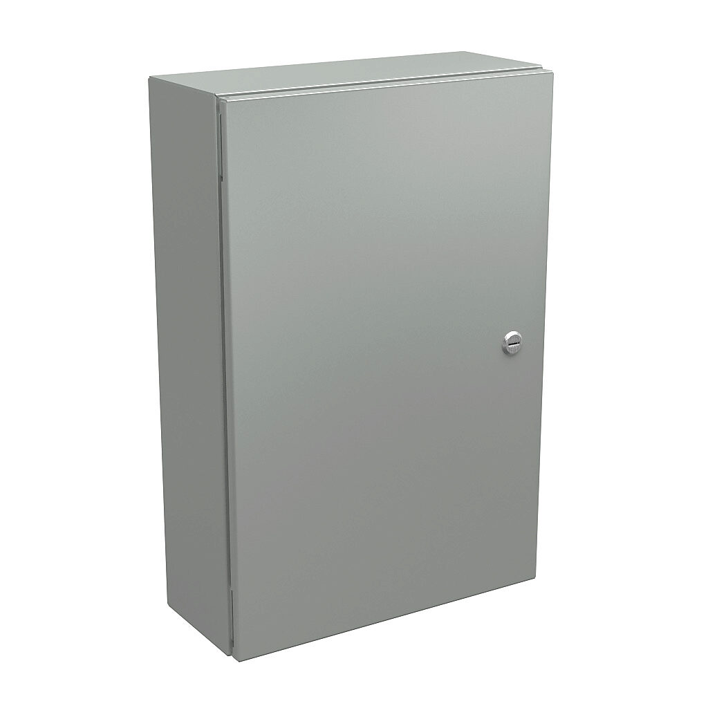 N412241606CLG - Wiegmann Ultimate series enclosure, NEMA 4/12/13, 24 x 16 x 6in (HxWxD), wall mount, carbon steel, RAL 7035 light gray, powder coat finish, single-door, 1/4-turn semi-flush oil-tight latch.