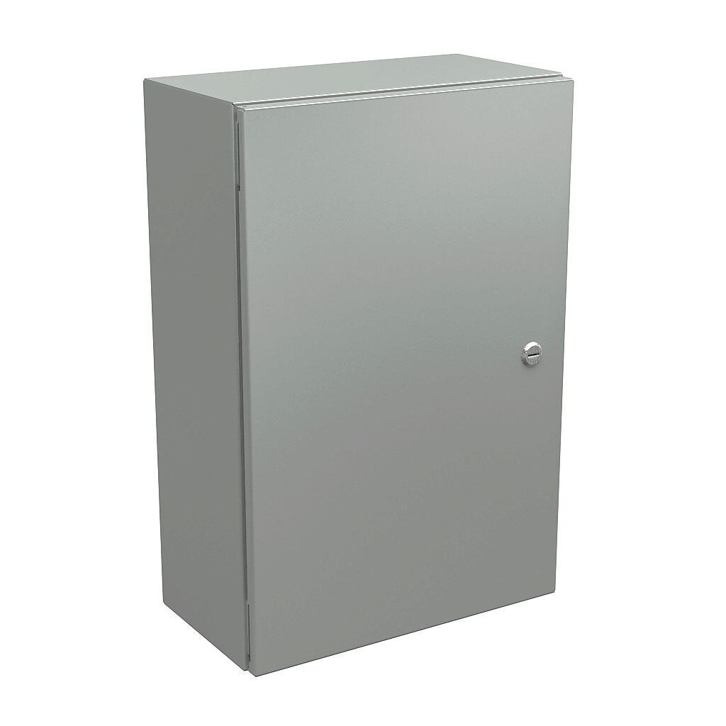 N412241608CLG - Wiegmann Ultimate series enclosure, NEMA 4/12/13, 24 x 16 x 8in (HxWxD), wall mount, carbon steel, RAL 7035 light gray, powder coat finish, single-door, 1/4-turn semi-flush oil-tight latch.