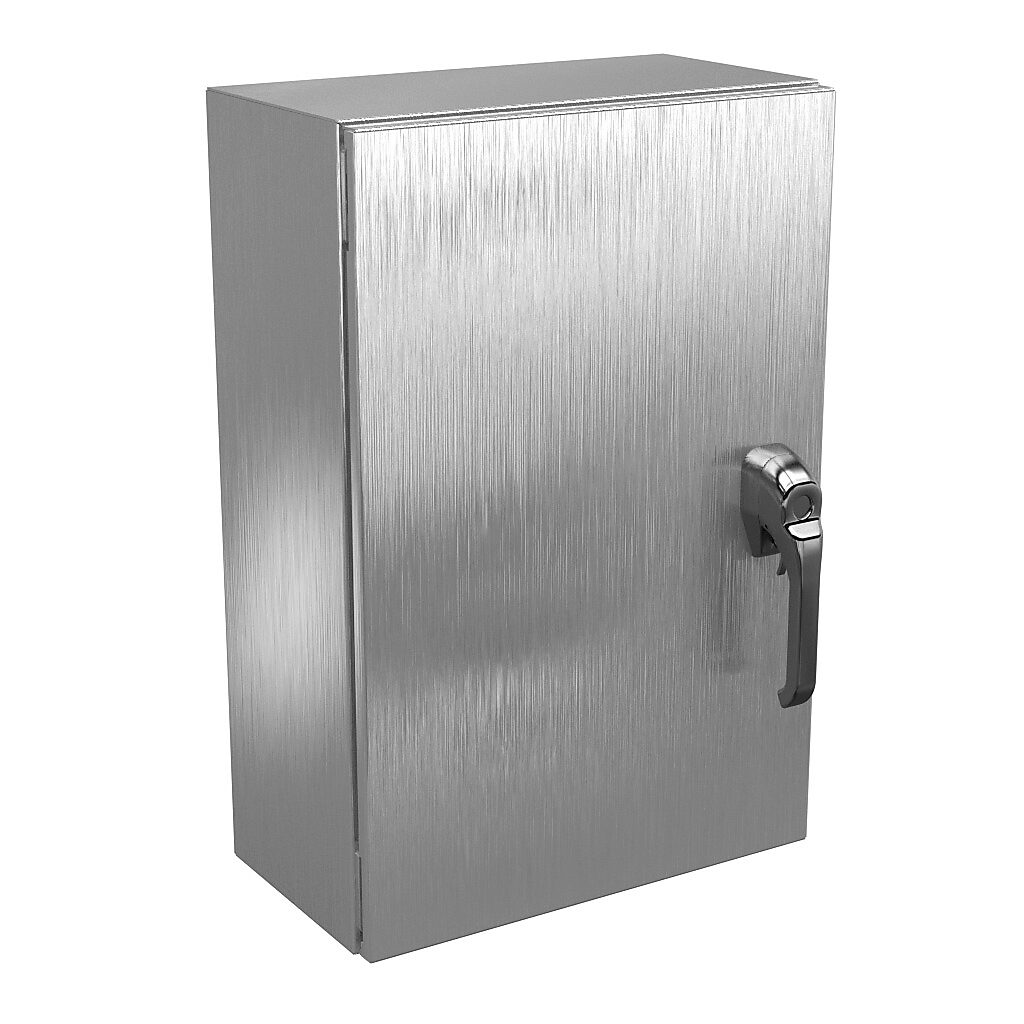 N412241608SS3PTC - Wiegmann Ultimate series enclosure, NEMA 4X/12/13, 24 x 16 x 8in (HxWxD), wall mount, 304 stainless steel, No. 3 intermediate polished finish, single-door, 3-point 316L padlocking handle, handle hasp.
