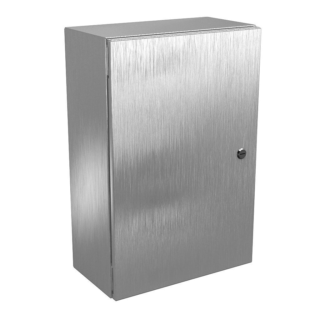 N412241608SSC - Wiegmann Ultimate series enclosure, NEMA 4/4X/12/13, 24 x 16 x 8in (HxWxD), wall mount, 304 stainless steel, No. 3 intermediate polished finish, single-door, 1/4-turn semi-flush oil-tight latch.
