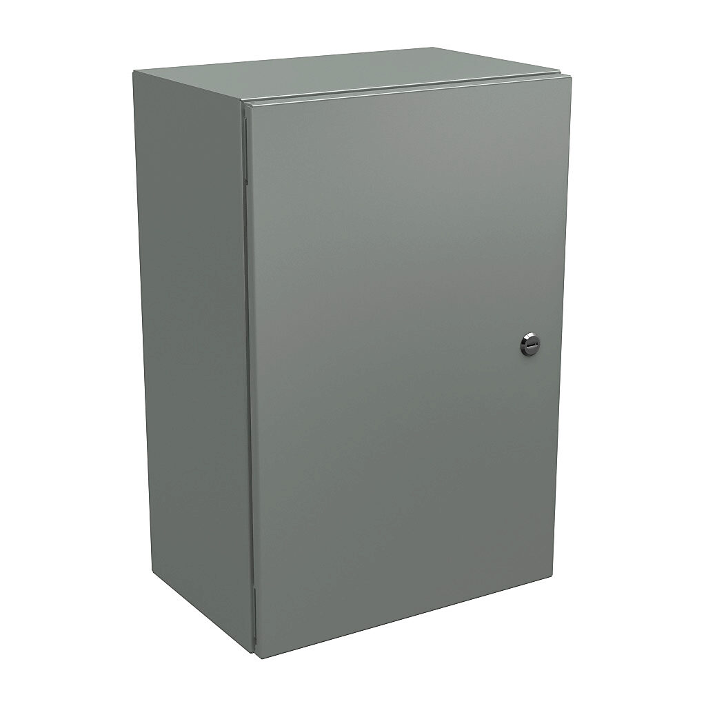 N412241610C - Wiegmann Ultimate series enclosure, NEMA 4/12/13, 24 x 16 x 10in (HxWxD), wall mount, carbon steel, ANSI 61 gray, powder coat finish, single-door, 1/4-turn semi-flush oil-tight latch.