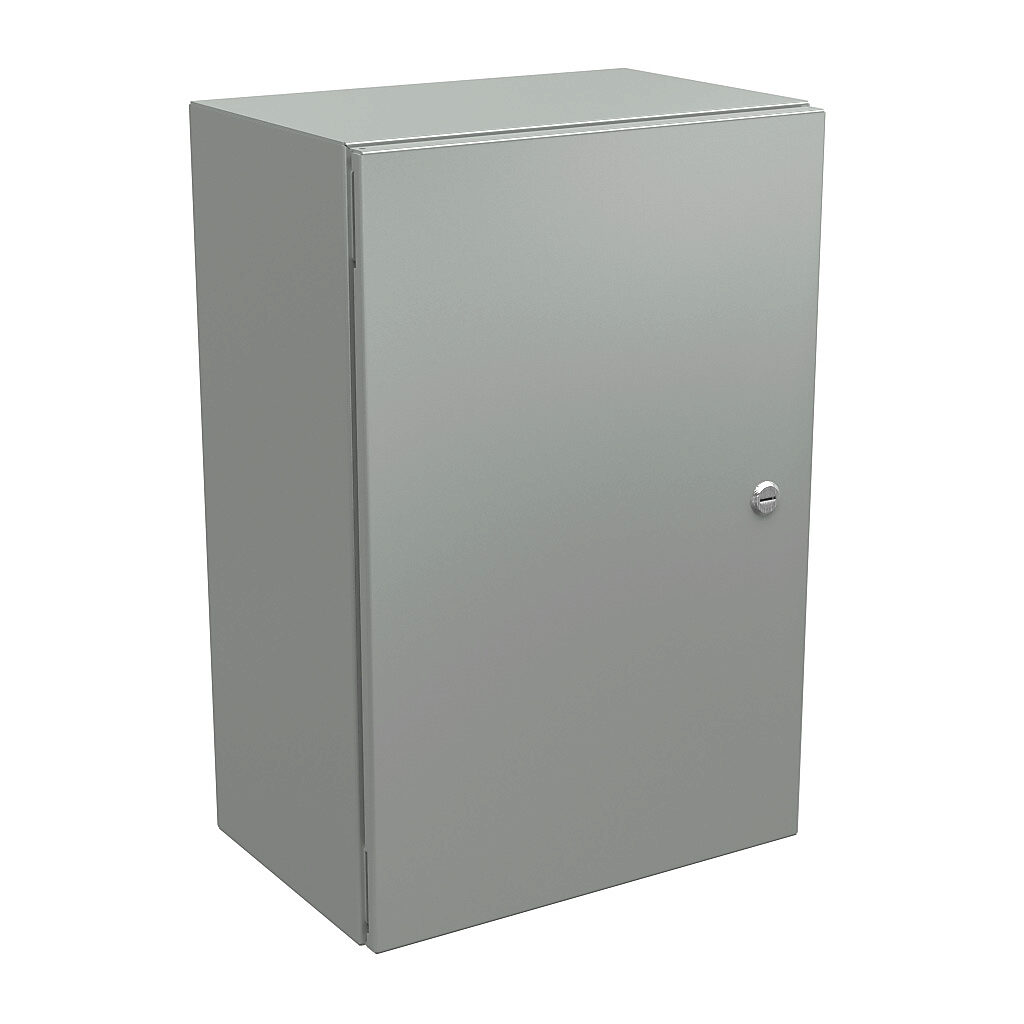 N412241610CLG - Wiegmann Ultimate series enclosure, NEMA 4/12/13, 24 x 16 x 10in (HxWxD), wall mount, carbon steel, RAL 7035 light gray, powder coat finish, single-door, 1/4-turn semi-flush oil-tight latch.