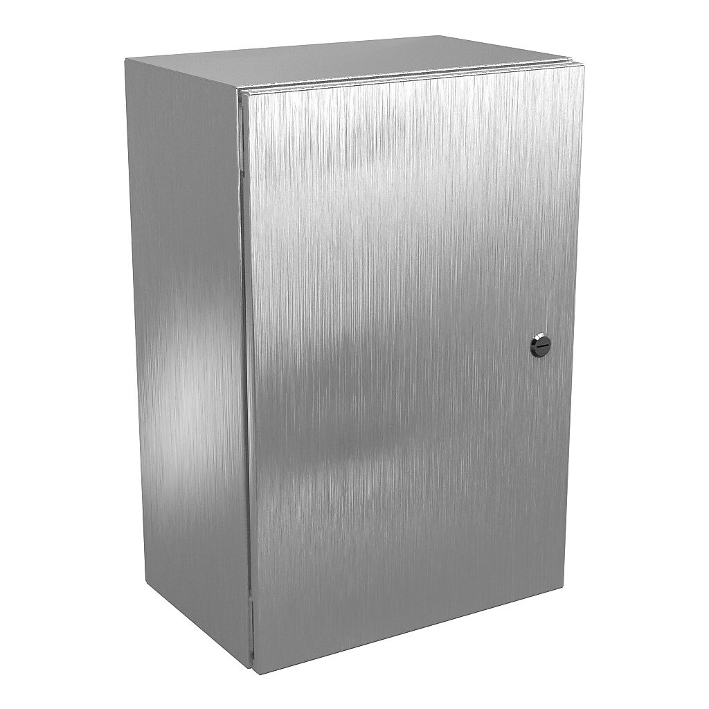 N412241610SSC - Wiegmann Ultimate series enclosure, NEMA 4/4X/12/13, 24 x 16 x 10in (HxWxD), wall mount, 304 stainless steel, No. 3 intermediate polished finish, single-door, 1/4-turn semi-flush oil-tight latch.