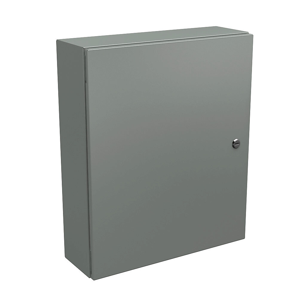 N412242006C - Wiegmann Ultimate series enclosure, NEMA 4/12/13, 24 x 20 x 6in (HxWxD), wall mount, carbon steel, ANSI 61 gray, powder coat finish, single-door, 1/4-turn semi-flush oil-tight latch.