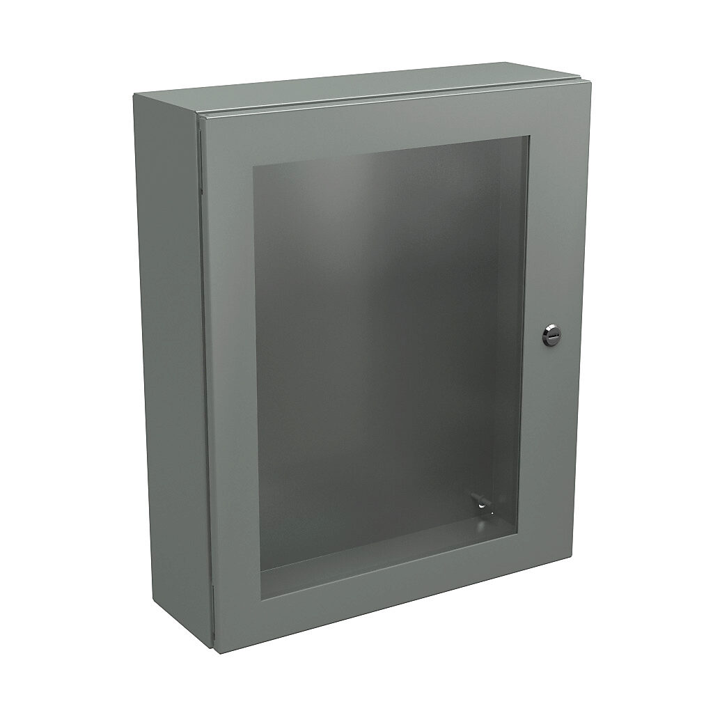 N412242006WC - Wiegmann Ultimate series enclosure, NEMA 4/12/13, 24 x 20 x 6in (HxWxD), wall mount, carbon steel, ANSI 61 gray, powder coat finish, single-door, 1/4-turn semi-flush oil-tight latch, polycarbonate window.