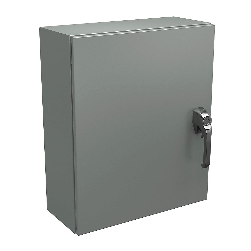 N4122420083PTC - Wiegmann Ultimate series enclosure, NEMA 4/12/13, 24 x 20 x 8in (HxWxD), wall mount, carbon steel, ANSI 61 gray, powder coat finish, single-door, 3-point keylocking/padlocking combo handle, handle hasp.