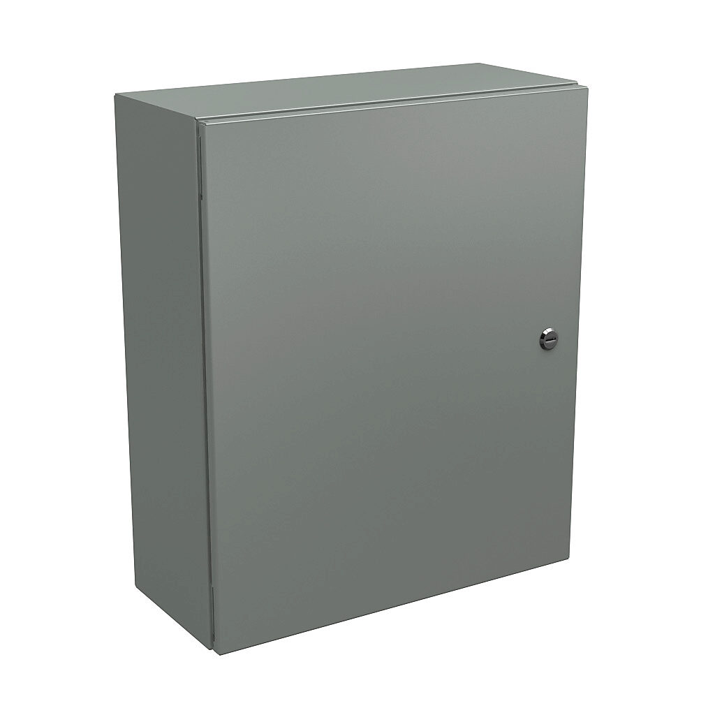 N412242008C - Wiegmann Ultimate series enclosure, NEMA 4/12/13, 24 x 20 x 8in (HxWxD), wall mount, carbon steel, ANSI 61 gray, powder coat finish, single-door, 1/4-turn semi-flush oil-tight latch.