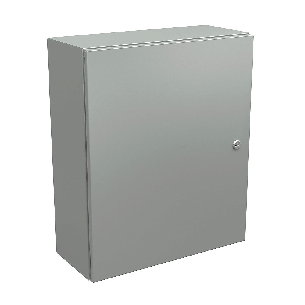 N412242008CLG - Wiegmann Ultimate series enclosure, NEMA 4/12/13, 24 x 20 x 8in (HxWxD), wall mount, carbon steel, RAL 7035 light gray, powder coat finish, single-door, 1/4-turn semi-flush oil-tight latch.