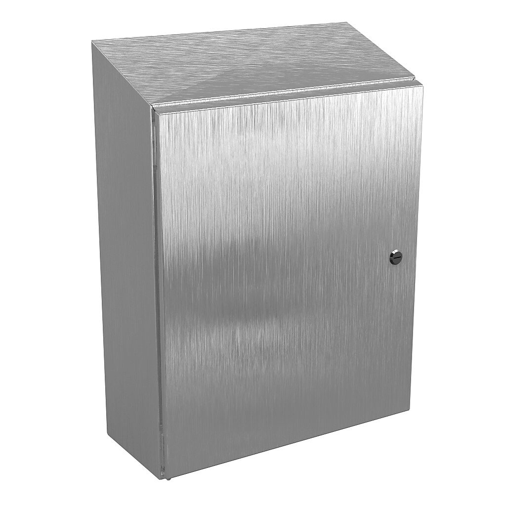 N412242008CSSST - Wiegmann Ultimate series enclosure, slope top, NEMA 4/4X/12/13, 24 x 20 x 8in (HxWxD), wall mount, 304 stainless steel, No. 3 intermediate polished finish, single-door, 1/4-turn semi-flush oil-tight latch.