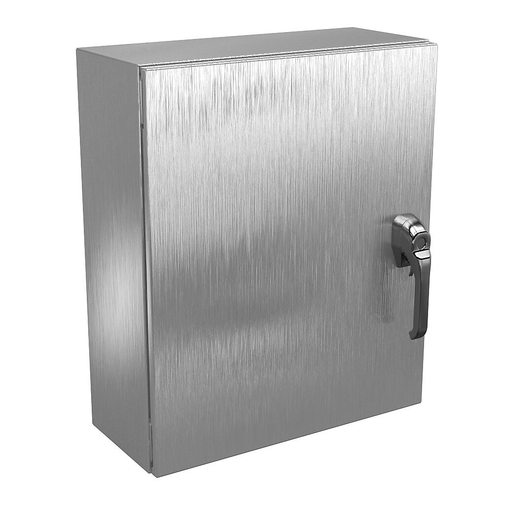 N412242008SS3PTC - Wiegmann Ultimate series enclosure, NEMA 4X/12/13, 24 x 20 x 8in (HxWxD), wall mount, 304 stainless steel, No. 3 intermediate polished finish, single-door, 3-point 316L padlocking handle, handle hasp.