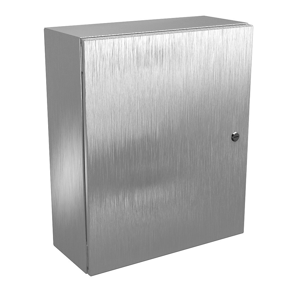 N412242008SSC - Wiegmann Ultimate series enclosure, NEMA 4/4X/12/13, 24 x 20 x 8in (HxWxD), wall mount, 304 stainless steel, No. 3 intermediate polished finish, single-door, 1/4-turn semi-flush oil-tight latch.