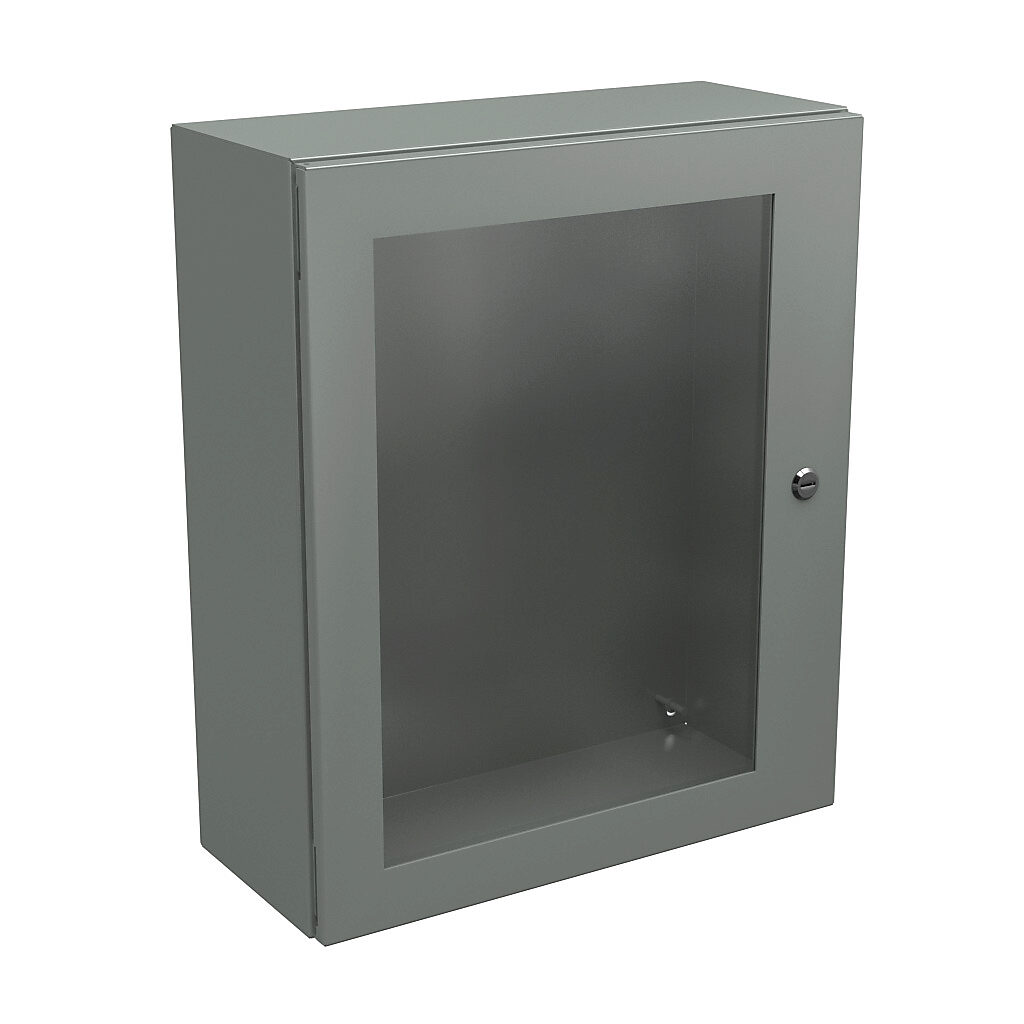 N412242008WC - Wiegmann Ultimate series enclosure, NEMA 4/12/13, 24 x 20 x 8in (HxWxD), wall mount, carbon steel, ANSI 61 gray, powder coat finish, single-door, 1/4-turn semi-flush oil-tight latch, polycarbonate window.