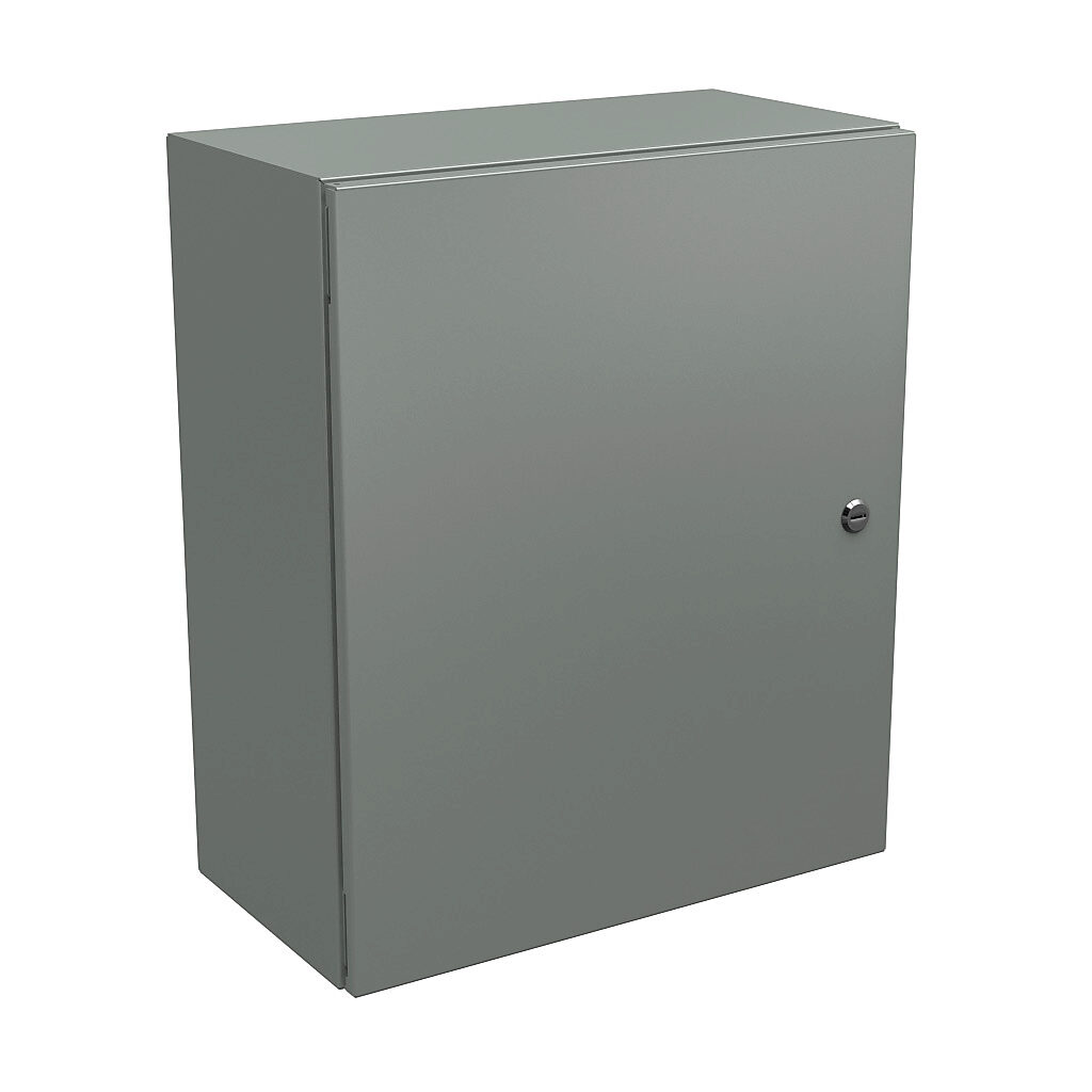 N412242010C - Wiegmann Ultimate series enclosure, NEMA 4/12/13, 24 x 20 x 10in (HxWxD), wall mount, carbon steel, ANSI 61 gray, powder coat finish, single-door, 1/4-turn semi-flush oil-tight latch.