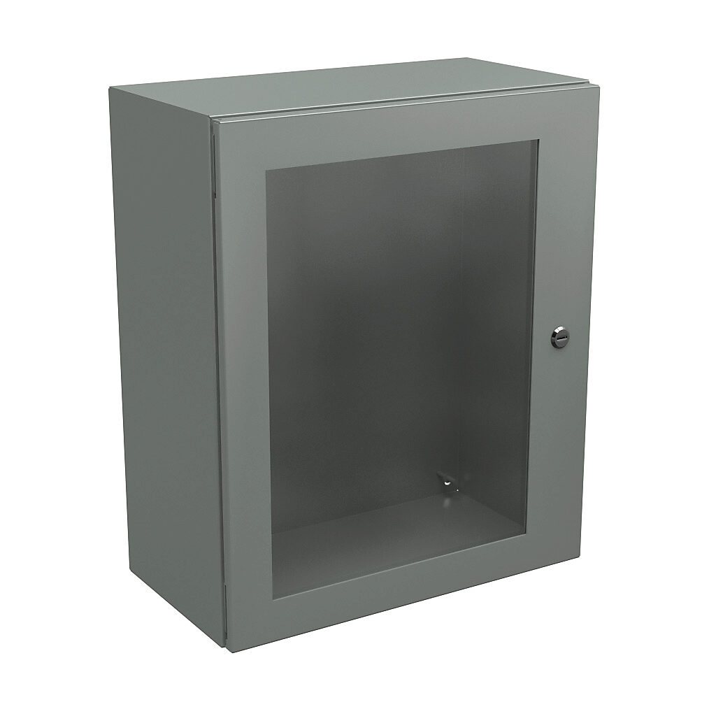 N412242010WC - Wiegmann Ultimate series enclosure, NEMA 4/12/13, 24 x 20 x 10in (HxWxD), wall mount, carbon steel, ANSI 61 gray, powder coat finish, single-door, 1/4-turn semi-flush oil-tight latch, polycarbonate window.