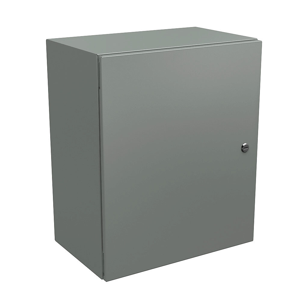 N412242012C - Wiegmann Ultimate series enclosure, NEMA 4/12/13, 24 x 20 x 12in (HxWxD), wall mount, carbon steel, ANSI 61 gray, powder coat finish, single-door, 1/4-turn semi-flush oil-tight latch.