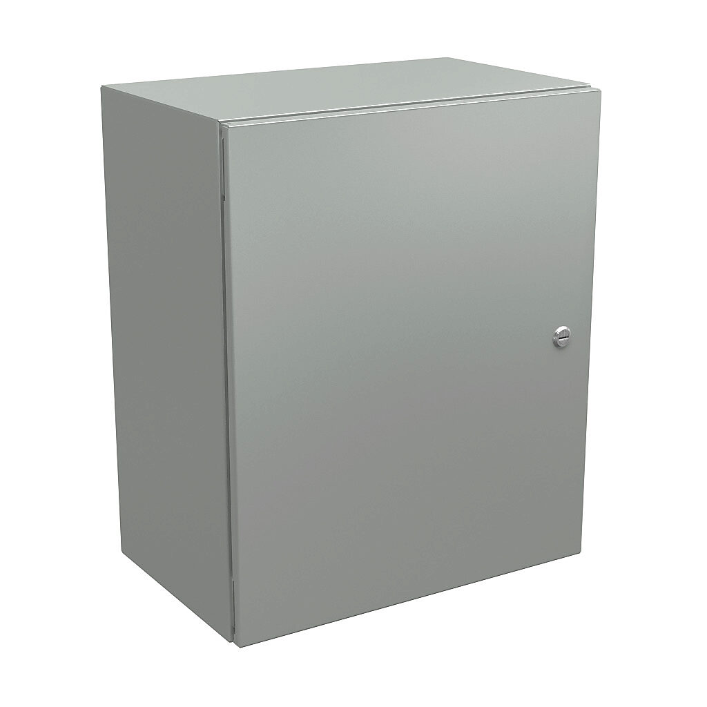 N412242012CLG - Wiegmann Ultimate series enclosure, NEMA 4/12/13, 24 x 20 x 12in (HxWxD), wall mount, carbon steel, RAL 7035 light gray, powder coat finish, single-door, 1/4-turn semi-flush oil-tight latch.
