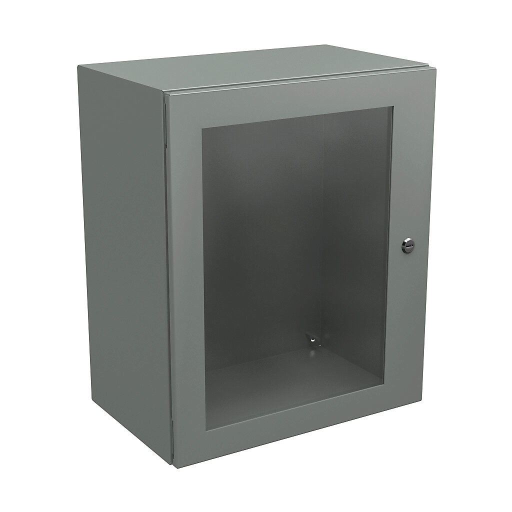 N412242012WC - Wiegmann Ultimate series enclosure, NEMA 4/12/13, 24 x 20 x 12in (HxWxD), wall mount, carbon steel, ANSI 61 gray, powder coat finish, single-door, 1/4-turn semi-flush oil-tight latch, polycarbonate window.