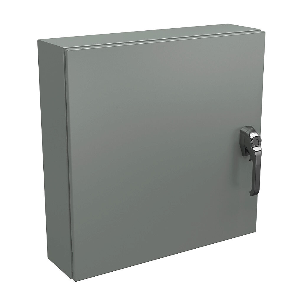 N4122424063PTC - Wiegmann Ultimate series enclosure, NEMA 4/12/13, 24 x 24 x 6in (HxWxD), wall mount, carbon steel, ANSI 61 gray, powder coat finish, single-door, 3-point keylocking/padlocking combo handle, handle hasp.