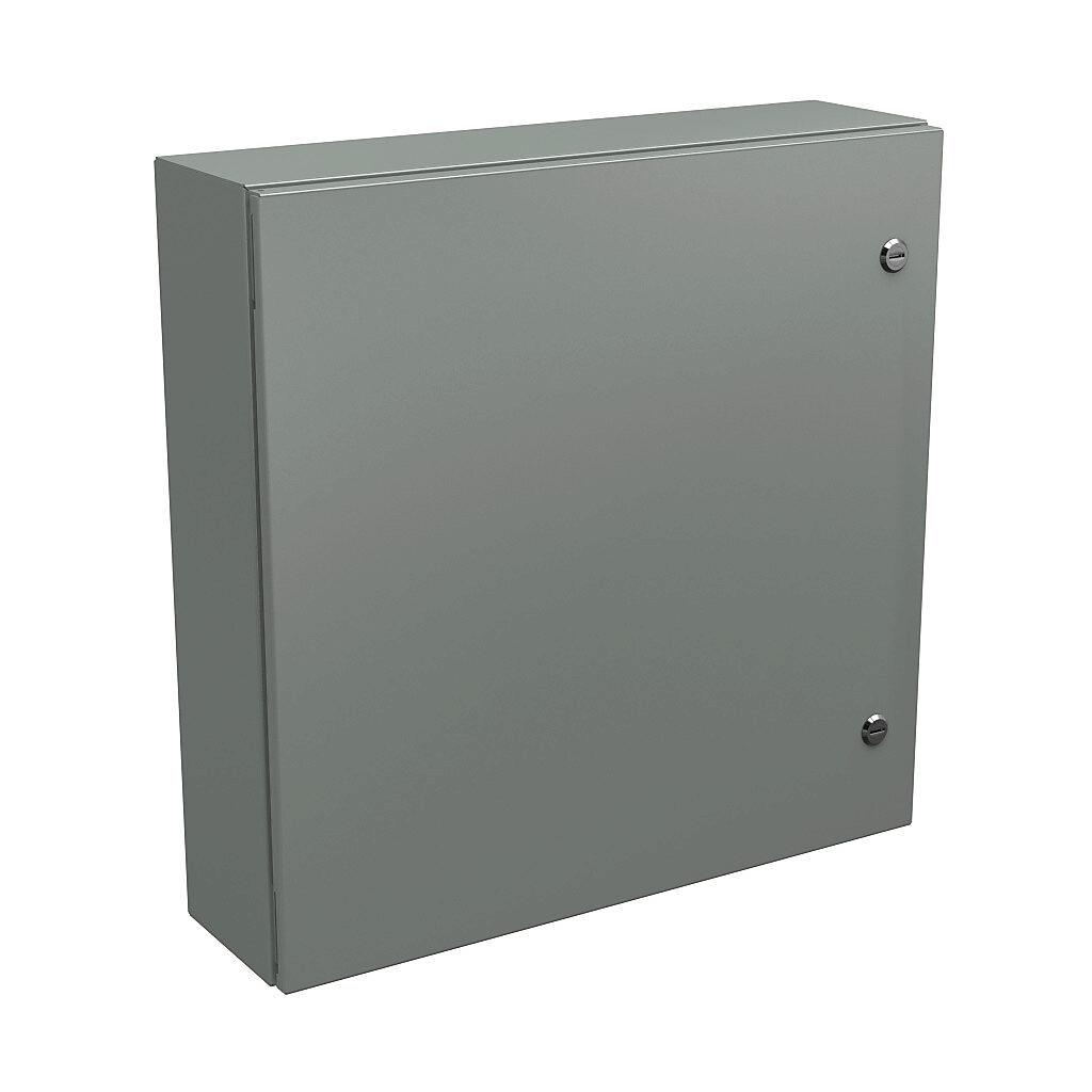 N412242406C - Wiegmann Ultimate series enclosure, NEMA 4/12/13, 24 x 24 x 6in (HxWxD), wall mount, carbon steel, ANSI 61 gray, powder coat finish, single-door, 1/4-turn semi-flush oil-tight latch.