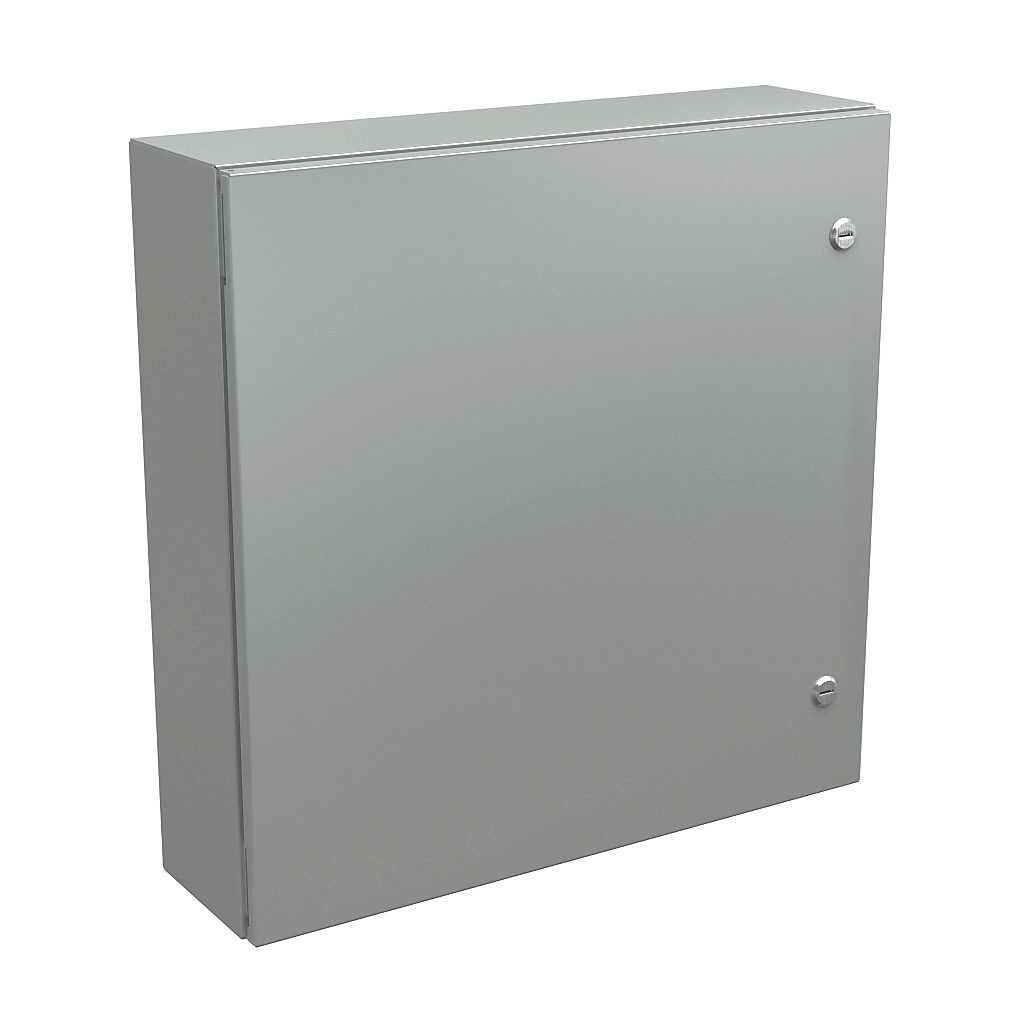 N412242406CLG - Wiegmann Ultimate series enclosure, NEMA 4/12/13, 24 x 24 x 6in (HxWxD), wall mount, carbon steel, RAL 7035 light gray, powder coat finish, single-door, 1/4-turn semi-flush oil-tight latch.