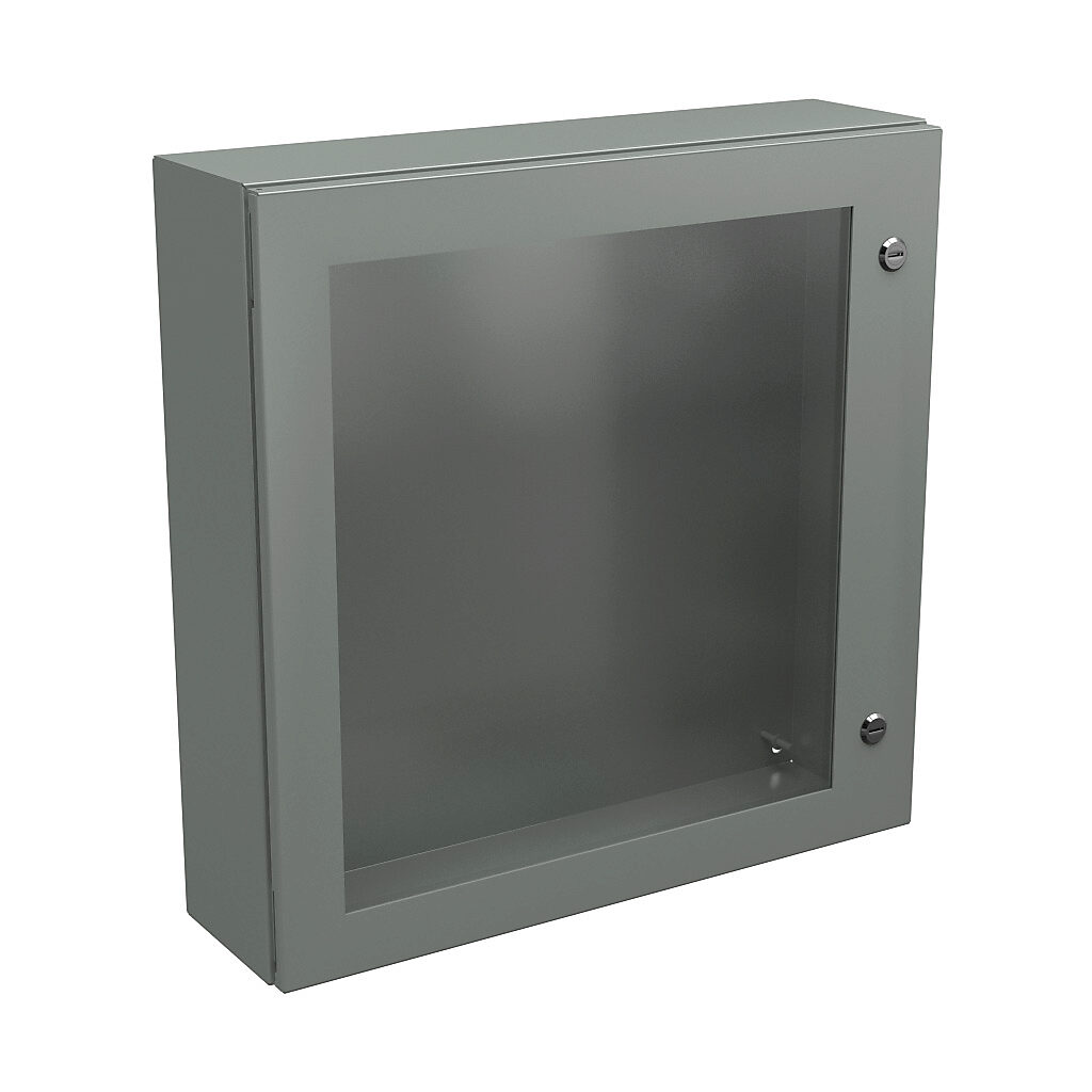 N412242406WC - Wiegmann Ultimate series enclosure, NEMA 4/12/13, 24 x 24 x 6in (HxWxD), wall mount, carbon steel, ANSI 61 gray, powder coat finish, single-door, 1/4-turn semi-flush oil-tight latch, polycarbonate window.