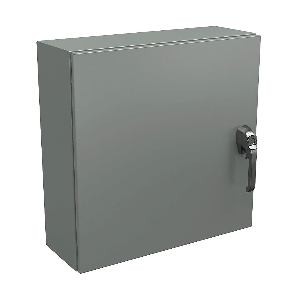 N4122424083PTC - Wiegmann Ultimate series enclosure, NEMA 4/12/13, 24 x 24 x 8in (HxWxD), wall mount, carbon steel, ANSI 61 gray, powder coat finish, single-door, 3-point keylocking/padlocking combo handle, handle hasp.