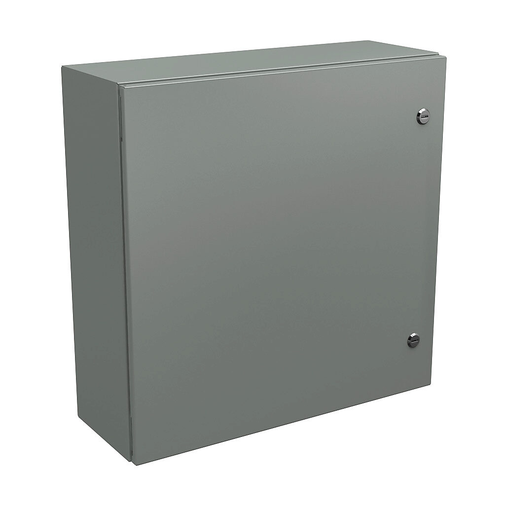 N412242408C - Wiegmann Ultimate series enclosure, NEMA 4/12/13, 24 x 24 x 8in (HxWxD), wall mount, carbon steel, ANSI 61 gray, powder coat finish, single-door, 1/4-turn semi-flush oil-tight latch.
