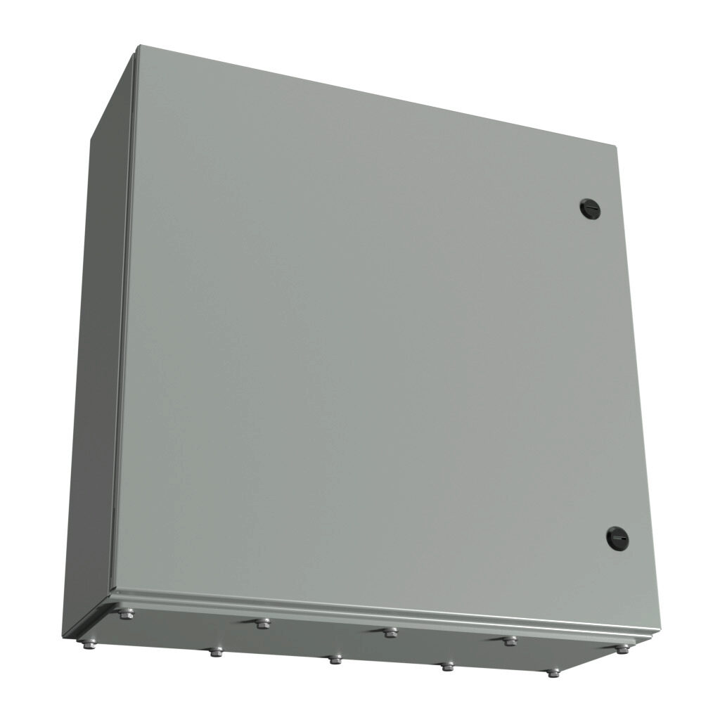 N412242408CGP - Wiegmann Ultimate series enclosure, NEMA 3R/4/12/13, 24 x 24 x 8in (HxWxD), wall mount, bottom gland plate, carbon steel, ANSI 61 gray, powder coat finish, single-door, 1/4-turn semi-flush oil-tight latch.