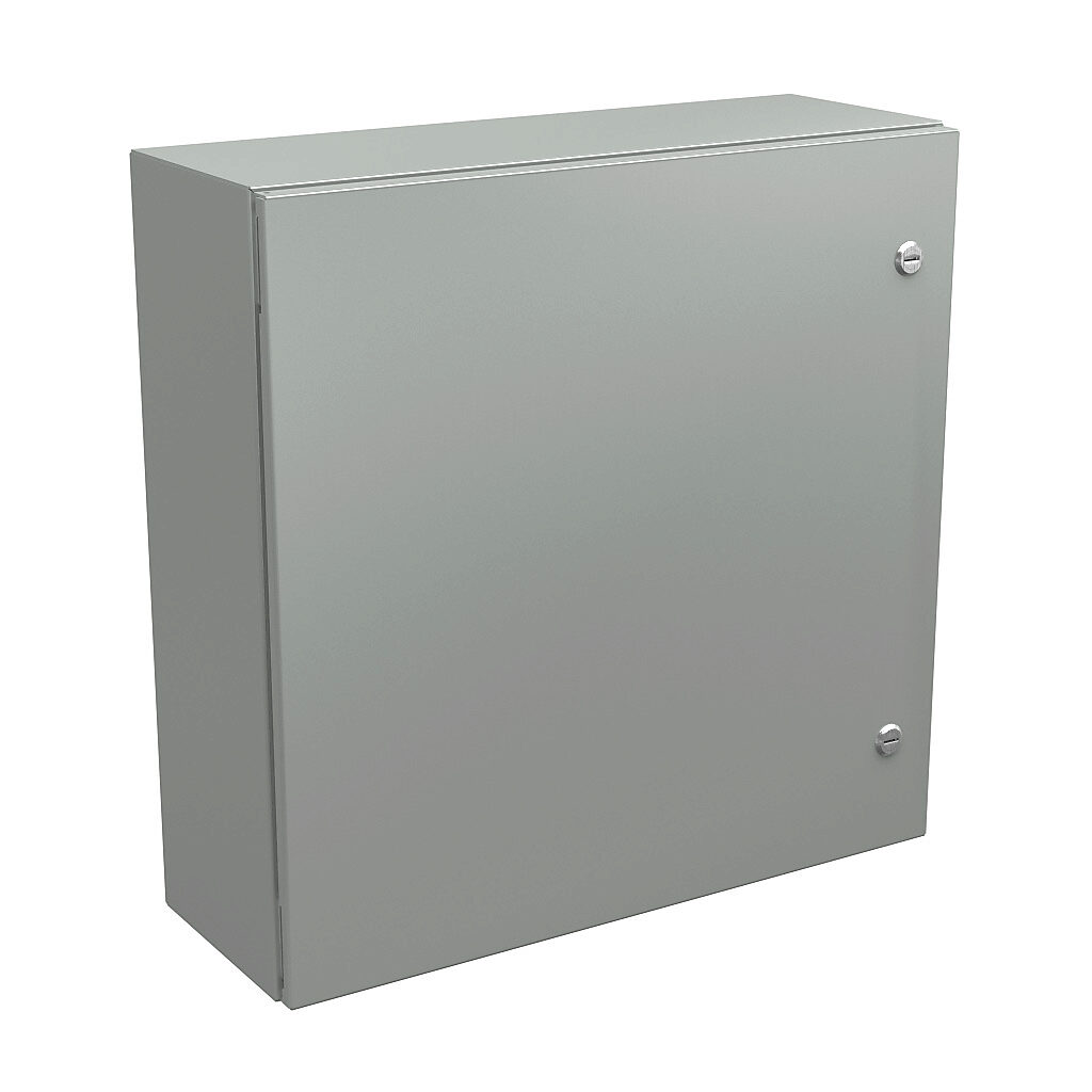N412242408CLG - Wiegmann Ultimate series enclosure, NEMA 4/12/13, 24 x 24 x 8in (HxWxD), wall mount, carbon steel, RAL 7035 light gray, powder coat finish, single-door, 1/4-turn semi-flush oil-tight latch.