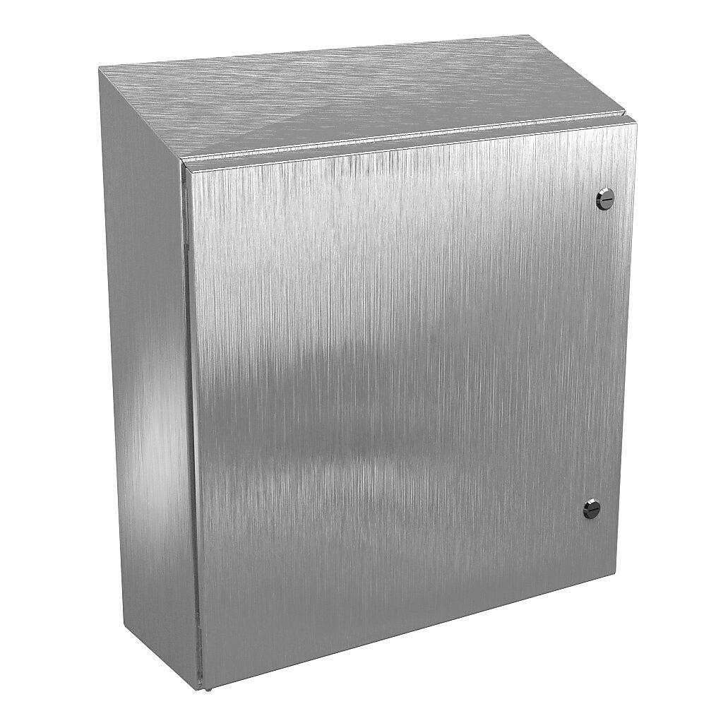 N412242408CSSST - Wiegmann Ultimate series enclosure, slope top, NEMA 4/4X/12/13, 24 x 24 x 8in (HxWxD), wall mount, 304 stainless steel, No. 3 intermediate polished finish, single-door, 1/4-turn semi-flush oil-tight latch.