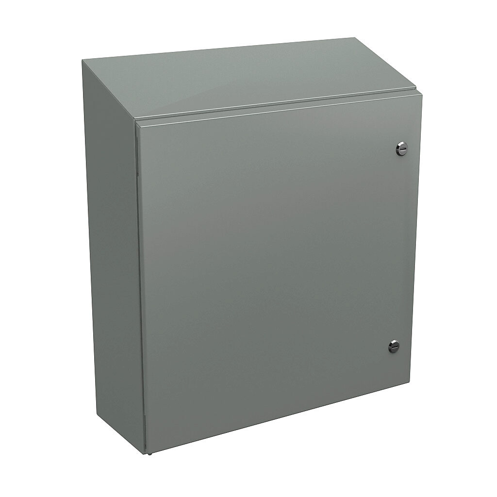 N412242408CST - Wiegmann Ultimate series enclosure, slope top, NEMA 4/12/13, 24 x 24 x 8in (HxWxD), wall mount, carbon steel, ANSI 61 gray, powder coat finish, single-door, 1/4-turn semi-flush oil-tight latch.