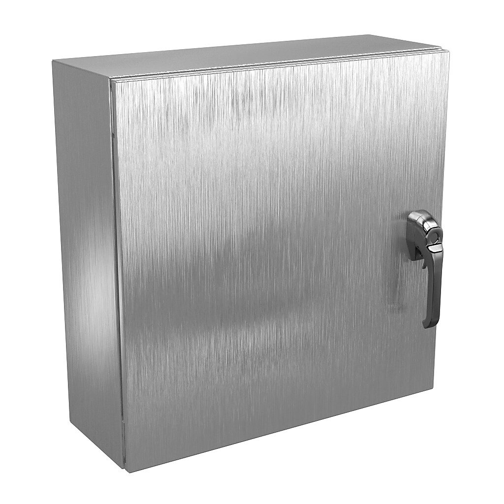 N412242408SS3PTC - Wiegmann Ultimate series enclosure, NEMA 4X/12/13, 24 x 24 x 8in (HxWxD), wall mount, 304 stainless steel, No. 3 intermediate polished finish, single-door, 3-point 316L padlocking handle, handle hasp.