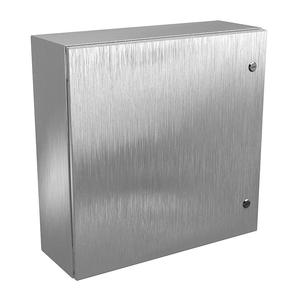 N412242408SSC - Wiegmann Ultimate series enclosure, NEMA 4/4X/12/13, 24 x 24 x 8in (HxWxD), wall mount, 304 stainless steel, No. 3 intermediate polished finish, single-door, 1/4-turn semi-flush oil-tight latch.