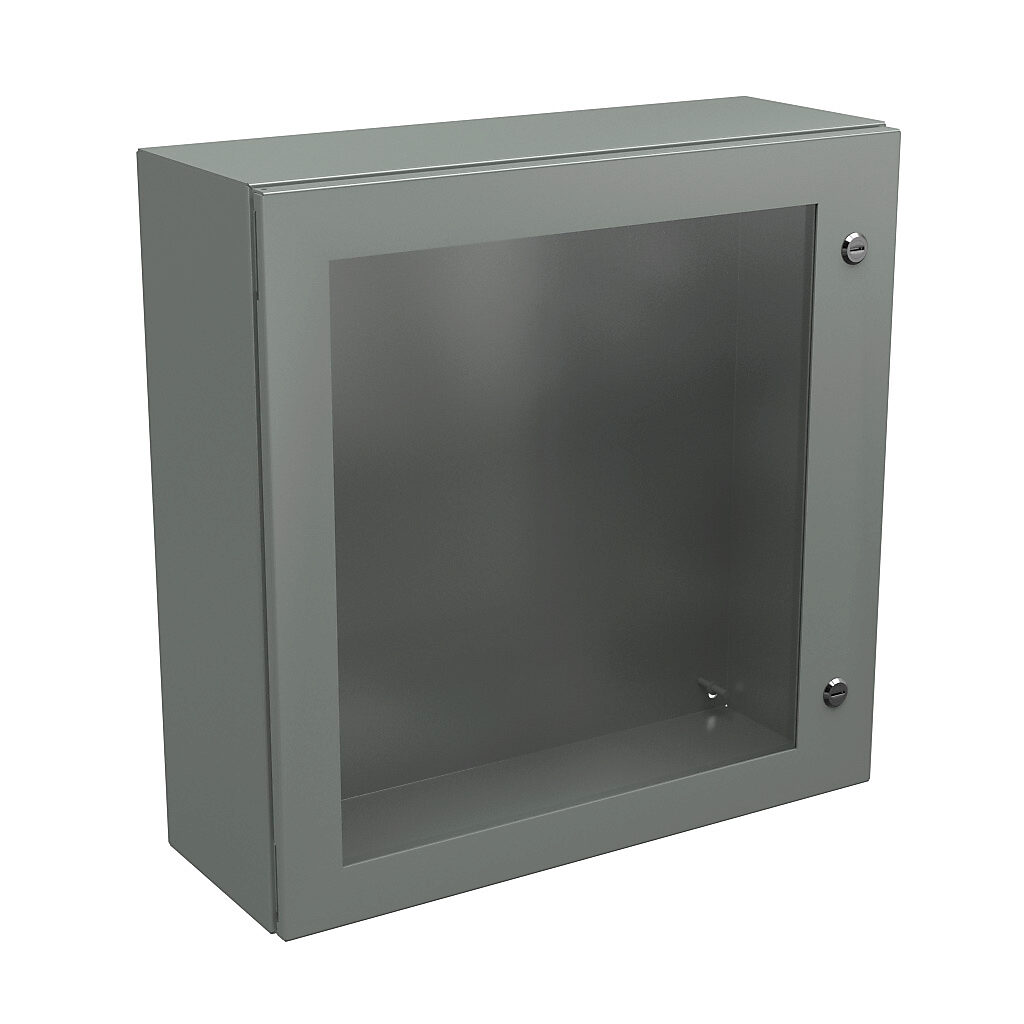 N412242408WC - Wiegmann Ultimate series enclosure, NEMA 4/12/13, 24 x 24 x 8in (HxWxD), wall mount, carbon steel, ANSI 61 gray, powder coat finish, single-door, 1/4-turn semi-flush oil-tight latch, polycarbonate window.