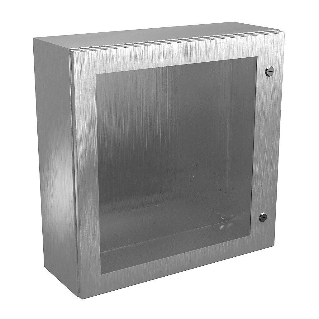 N412242408WSSC - Wiegmann Ultimate series enclosure, NEMA 4/4X/12/13, 24 x 24 x 8in (HxWxD), wall mount, 304 stainless steel, No. 3 intermediate polished finish, single-door, 1/4-turn semi-flush oil-tight latch, polycarbonate window.