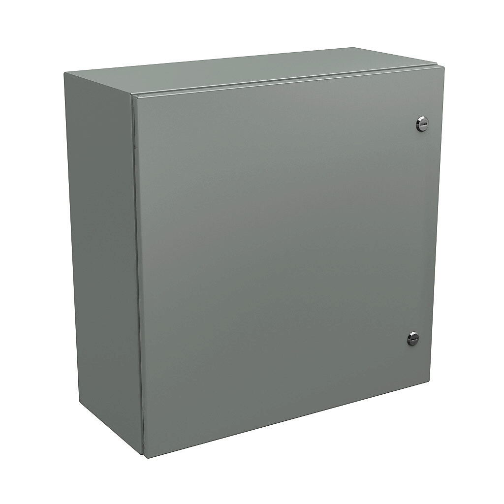 N412242410C - Wiegmann Ultimate series enclosure, NEMA 4/12/13, 24 x 24 x 10in (HxWxD), wall mount, carbon steel, ANSI 61 gray, powder coat finish, single-door, 1/4-turn semi-flush oil-tight latch.