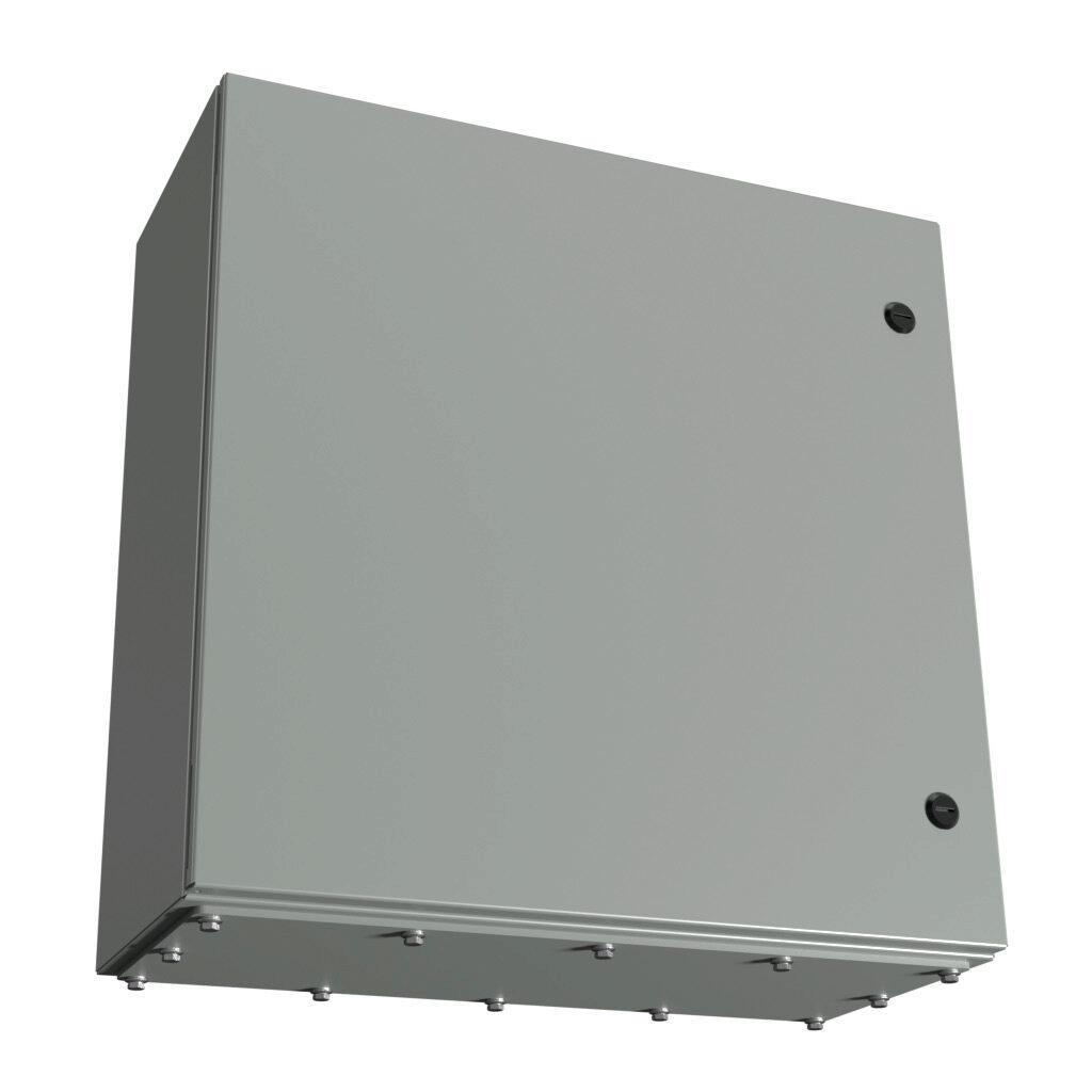 N412242410CGP - Wiegmann Ultimate series enclosure, NEMA 3R/4/12/13, 24 x 24 x 10in (HxWxD), wall mount, bottom gland plate, carbon steel, ANSI 61 gray, powder coat finish, single-door, 1/4-turn semi-flush oil-tight latch.