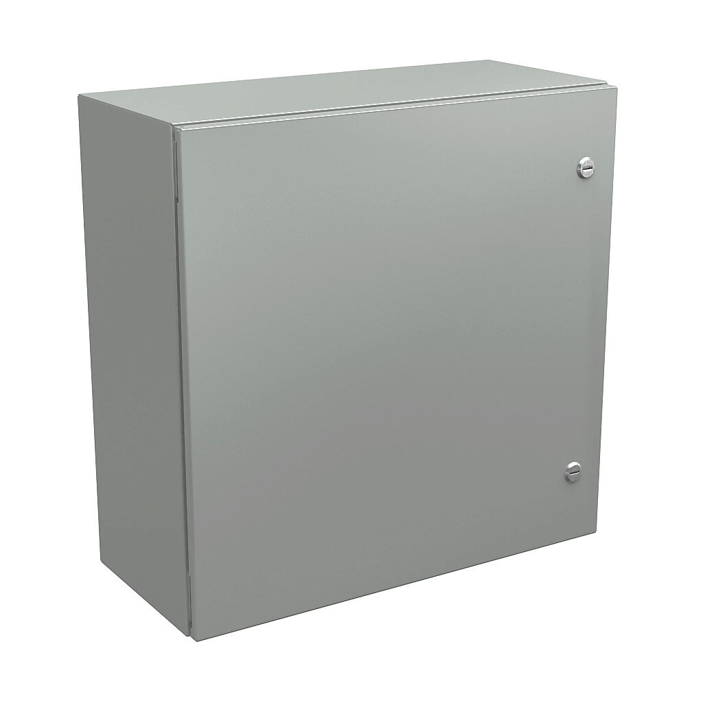 N412242410CLG - Wiegmann Ultimate series enclosure, NEMA 4/12/13, 24 x 24 x 10in (HxWxD), wall mount, carbon steel, RAL 7035 light gray, powder coat finish, single-door, 1/4-turn semi-flush oil-tight latch.