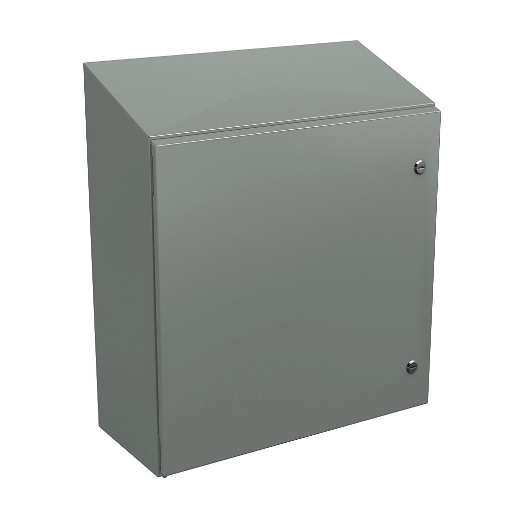 N412242410CST - Wiegmann Ultimate series enclosure, slope top, NEMA 4/12/13, 24 x 24 x 10in (HxWxD), wall mount, carbon steel, ANSI 61 gray, powder coat finish, single-door, 1/4-turn semi-flush oil-tight latch.
