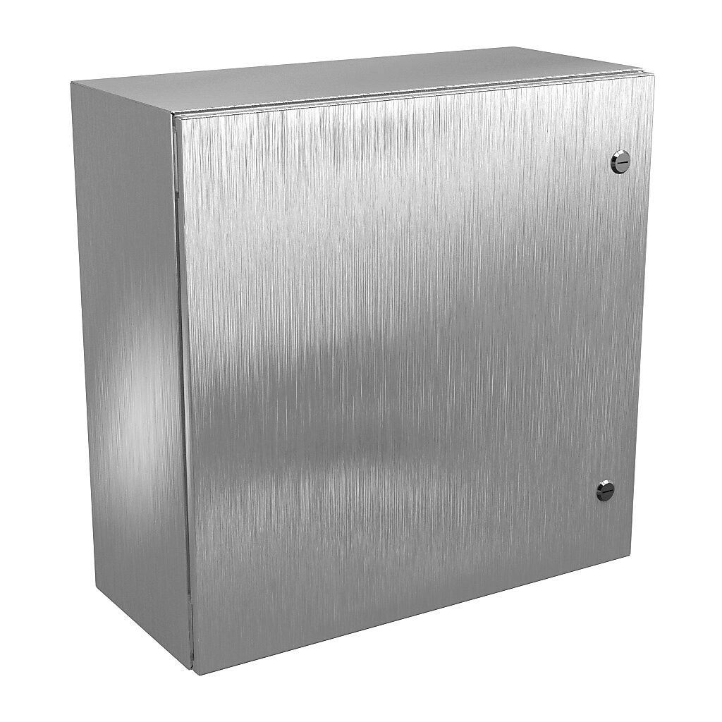 N412242410SSC - Wiegmann Ultimate series enclosure, NEMA 4/4X/12/13, 24 x 24 x 10in (HxWxD), wall mount, 304 stainless steel, No. 3 intermediate polished finish, single-door, 1/4-turn semi-flush oil-tight latch.