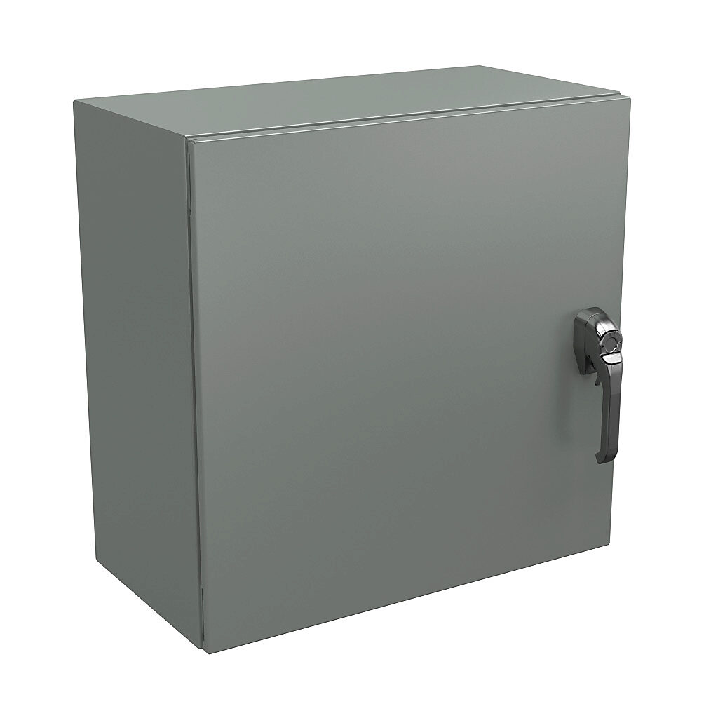 N4122424123PTC - Wiegmann Ultimate series enclosure, NEMA 4/12/13, 24 x 24 x 12in (HxWxD), wall mount, carbon steel, ANSI 61 gray, powder coat finish, single-door, 3-point keylocking/padlocking combo handle, handle hasp.