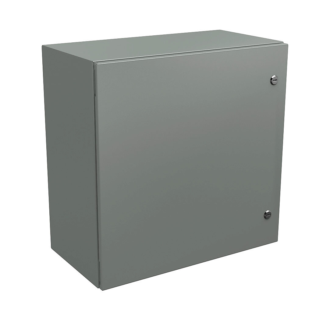 N412242412C - Wiegmann Ultimate series enclosure, NEMA 4/12/13, 24 x 24 x 12in (HxWxD), wall mount, carbon steel, ANSI 61 gray, powder coat finish, single-door, 1/4-turn semi-flush oil-tight latch.