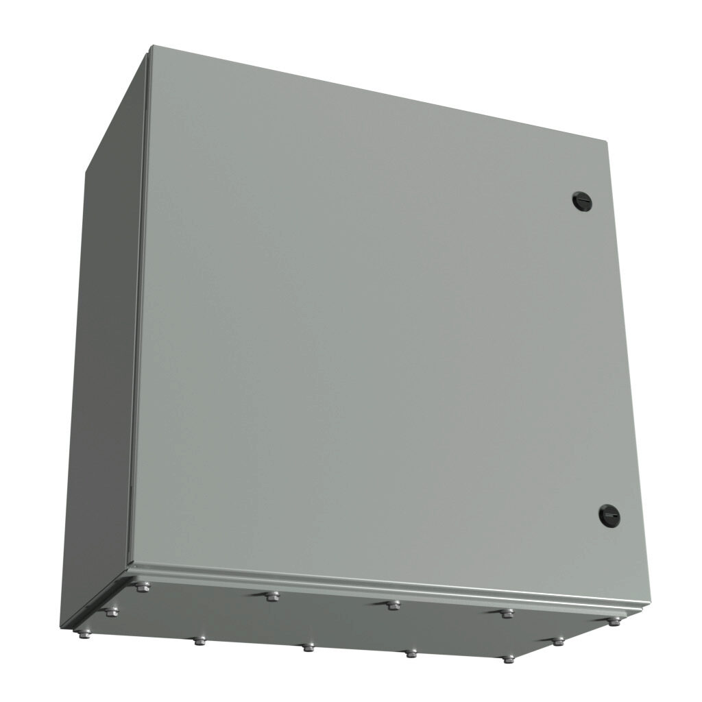 N412242412CGP - Wiegmann Ultimate series enclosure, NEMA 3R/4/12/13, 24 x 24 x 12in (HxWxD), wall mount, bottom gland plate, carbon steel, ANSI 61 gray, powder coat finish, single-door, 1/4-turn semi-flush oil-tight latch.