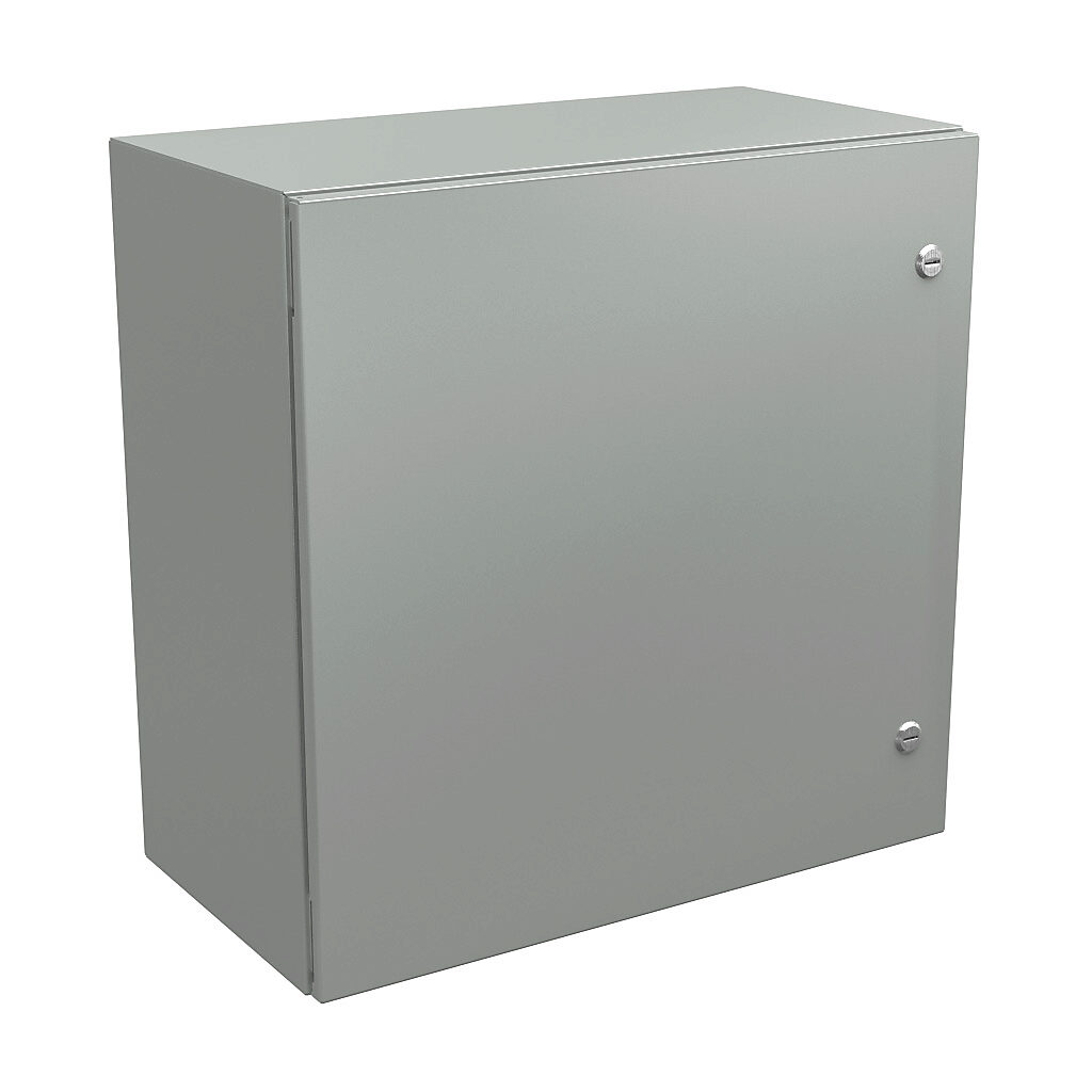 N412242412CLG - Wiegmann Ultimate series enclosure, NEMA 4/12/13, 24 x 24 x 12in (HxWxD), wall mount, carbon steel, RAL 7035 light gray, powder coat finish, single-door, 1/4-turn semi-flush oil-tight latch.