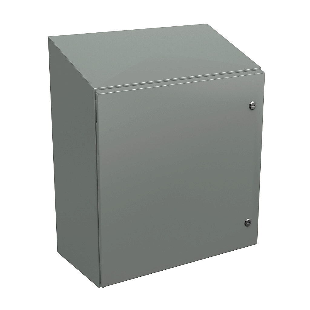 N412242412CST - Wiegmann Ultimate series enclosure, slope top, NEMA 4/12/13, 24 x 24 x 12in (HxWxD), wall mount, carbon steel, ANSI 61 gray, powder coat finish, single-door, 1/4-turn semi-flush oil-tight latch.