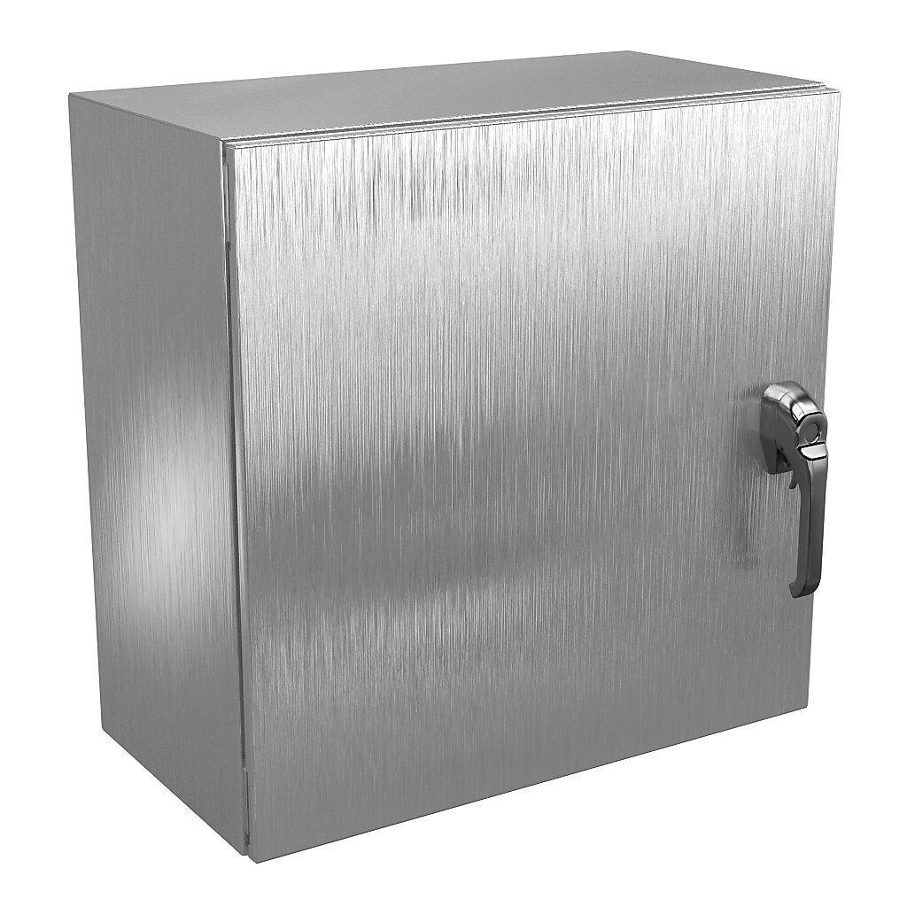 N412242412SS3PTC - Wiegmann Ultimate series enclosure, NEMA 4X/12/13, 24 x 24 x 12in (HxWxD), wall mount, 304 stainless steel, No. 3 intermediate polished finish, single-door, 3-point 316L padlocking handle, handle hasp.