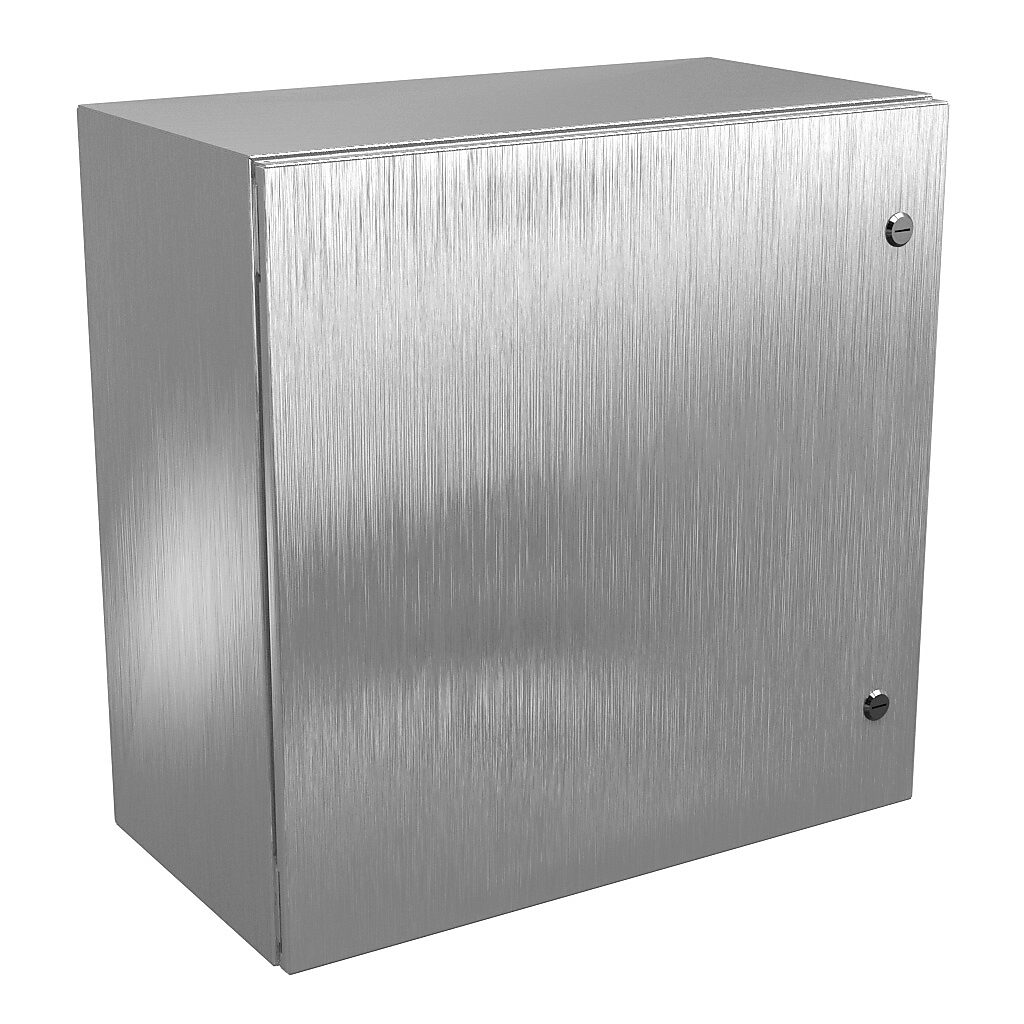 N412242412SSC - Wiegmann Ultimate series enclosure, NEMA 4/4X/12/13, 24 x 24 x 12in (HxWxD), wall mount, 304 stainless steel, No. 3 intermediate polished finish, single-door, 1/4-turn semi-flush oil-tight latch.