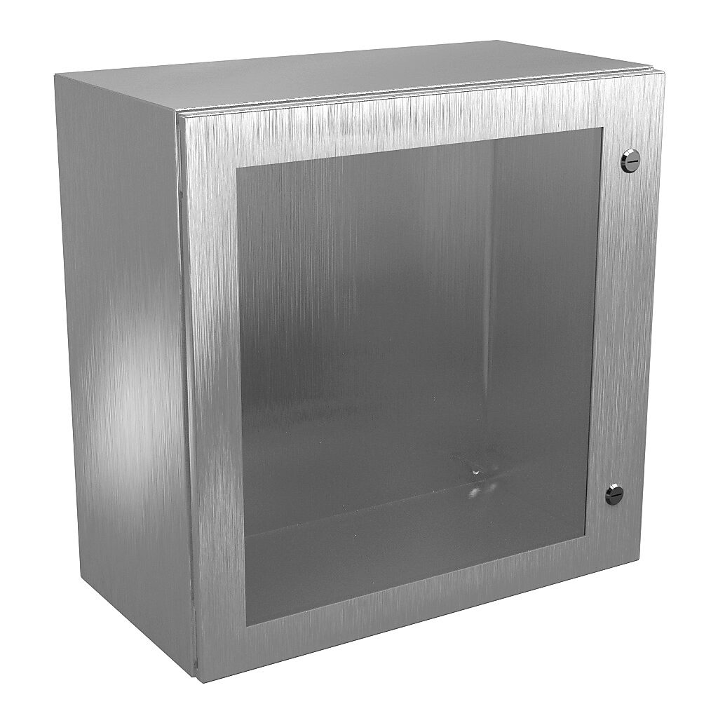 N412242412WSSC - Wiegmann Ultimate series enclosure, NEMA 4/4X/12/13, 24 x 24 x 12in (HxWxD), wall mount, 304 stainless steel, No. 3 intermediate polished finish, single-door, 1/4-turn semi-flush oil-tight latch, polycarbonate window.