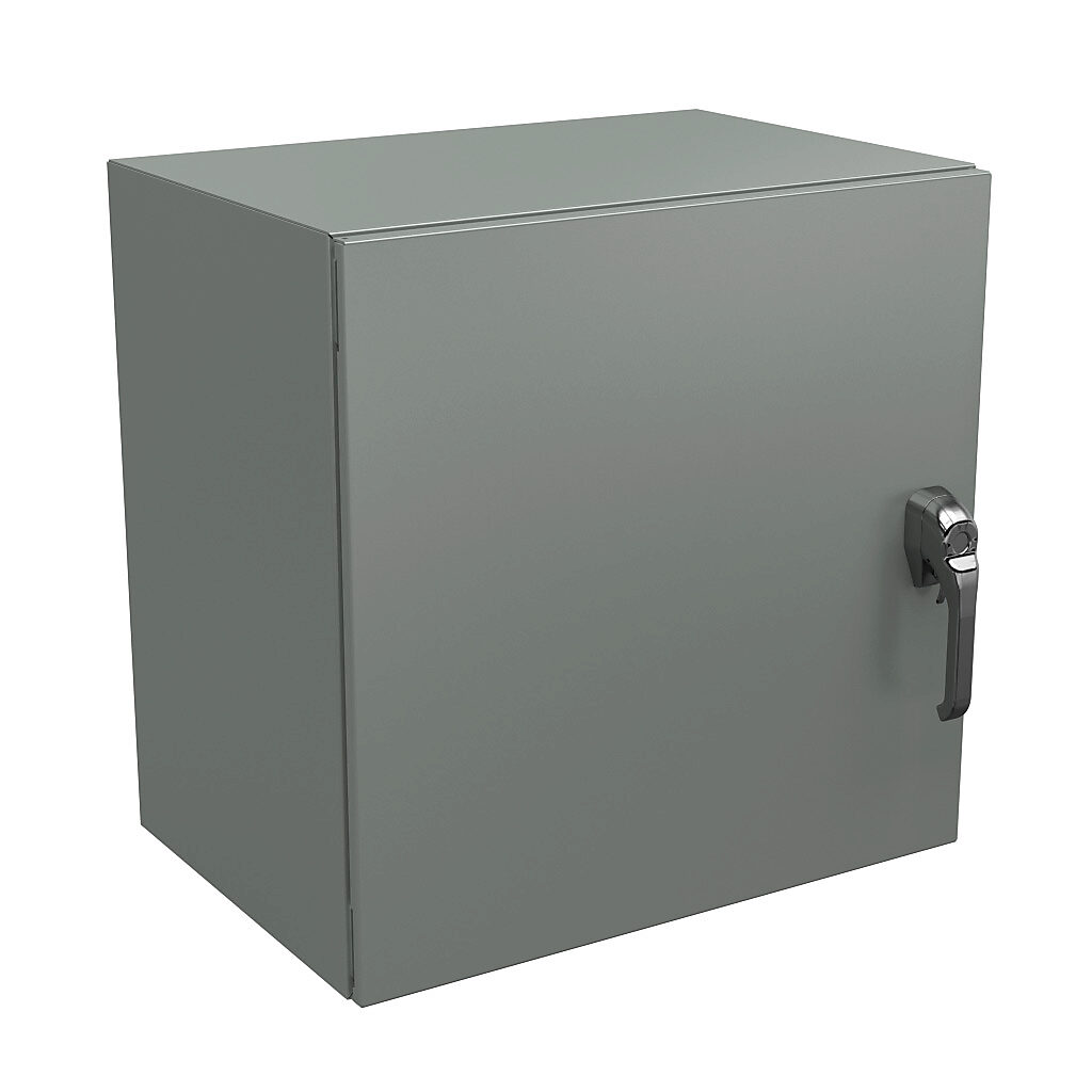 N4122424163PTC - Wiegmann Ultimate series enclosure, NEMA 4/12/13, 24 x 24 x 16in (HxWxD), wall mount, carbon steel, ANSI 61 gray, powder coat finish, single-door, 3-point keylocking/padlocking combo handle, handle hasp.