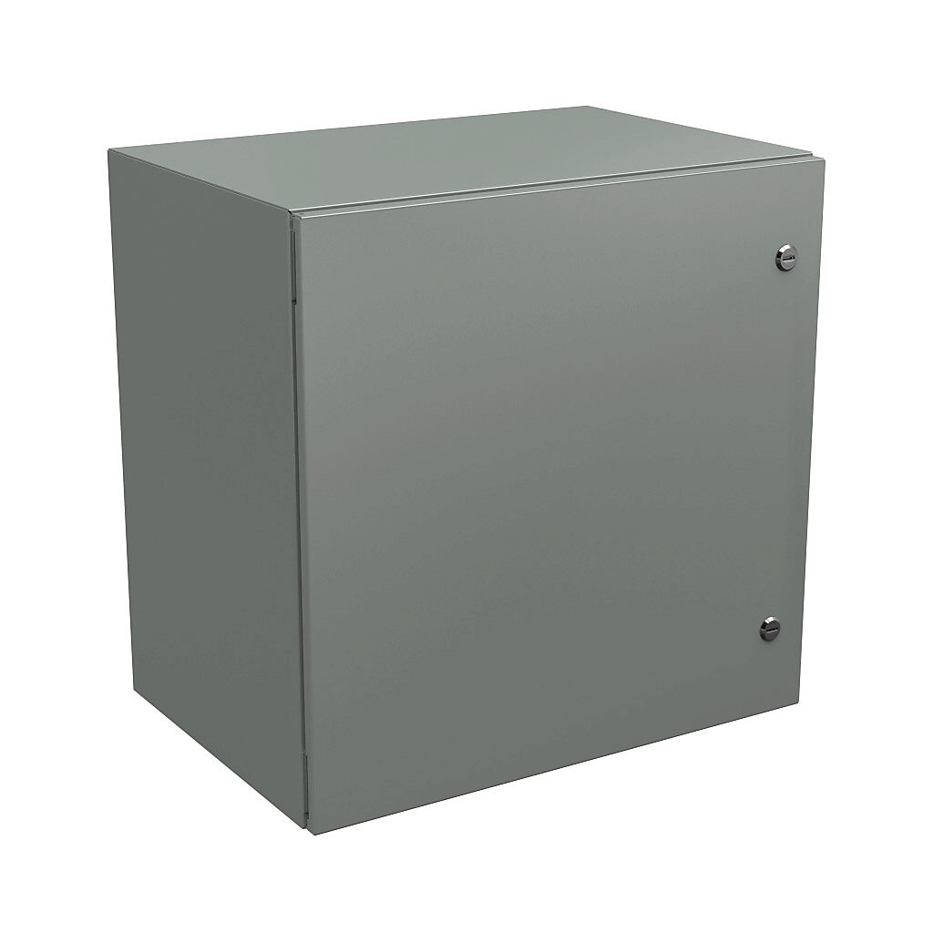N412242416C - Wiegmann Ultimate series enclosure, NEMA 4/12/13, 24 x 24 x 16in (HxWxD), wall mount, carbon steel, ANSI 61 gray, powder coat finish, single-door, 1/4-turn semi-flush oil-tight latch.
